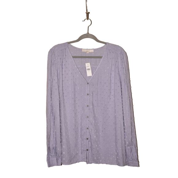 LOFT NEW $60 Clip Dot V-Neck Button Down Blouse in Blue XL - Picture 1 of 4